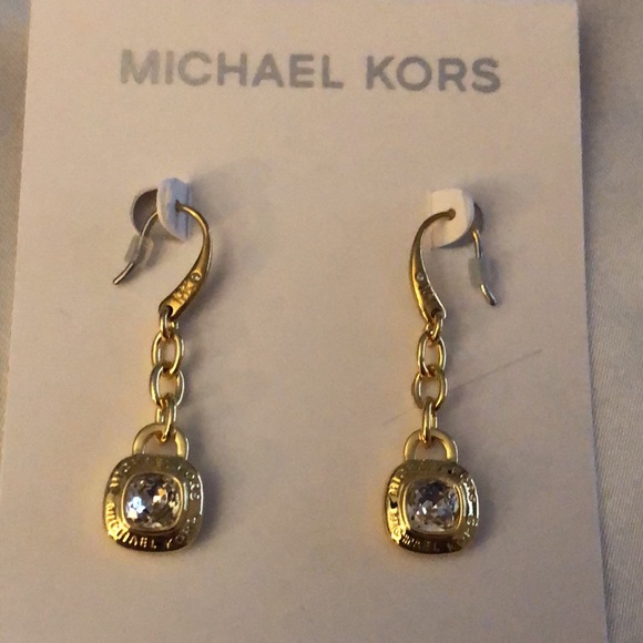 Michael Kors Gold Tone Chain & Square Drop Earrings Crystal & Logo Accent NWT - Picture 6 of 11